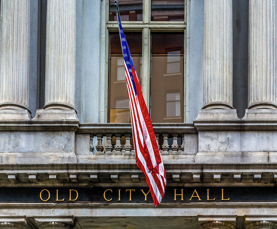 Old City Hall Sign with Flag Photograph by Darryl Brooks