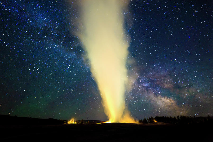 Old Faithful Geyser And Milky Way Photograph by Richard Mitchell - Touching Light Photography