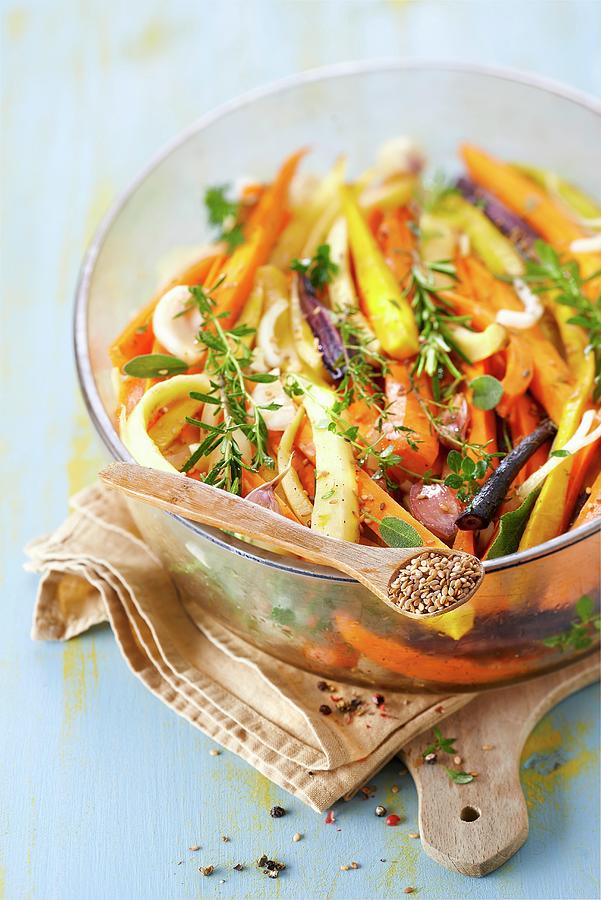 Old-fashioned Carrot Salad With Fresh Herbs And Sesame Seeds Photograph by Bru