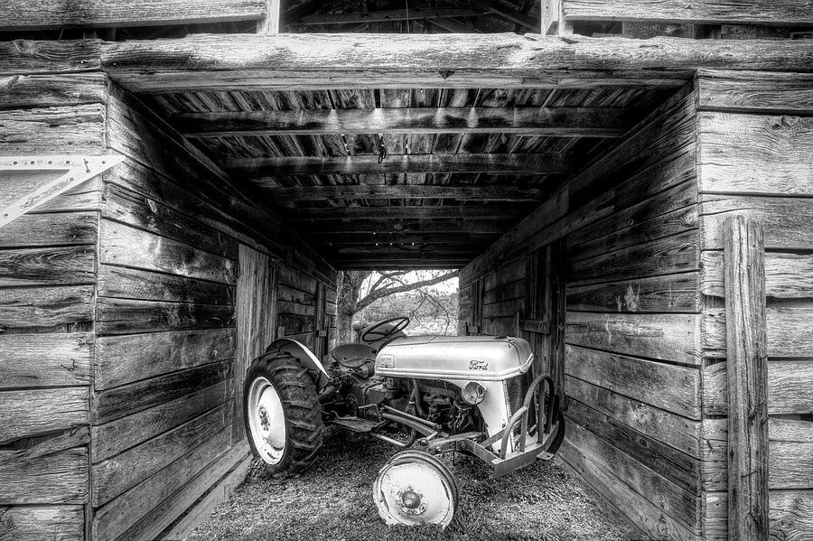 Old Ford Waiting in the Barn in Black and White Photograph by Debra and Dave Vanderlaan