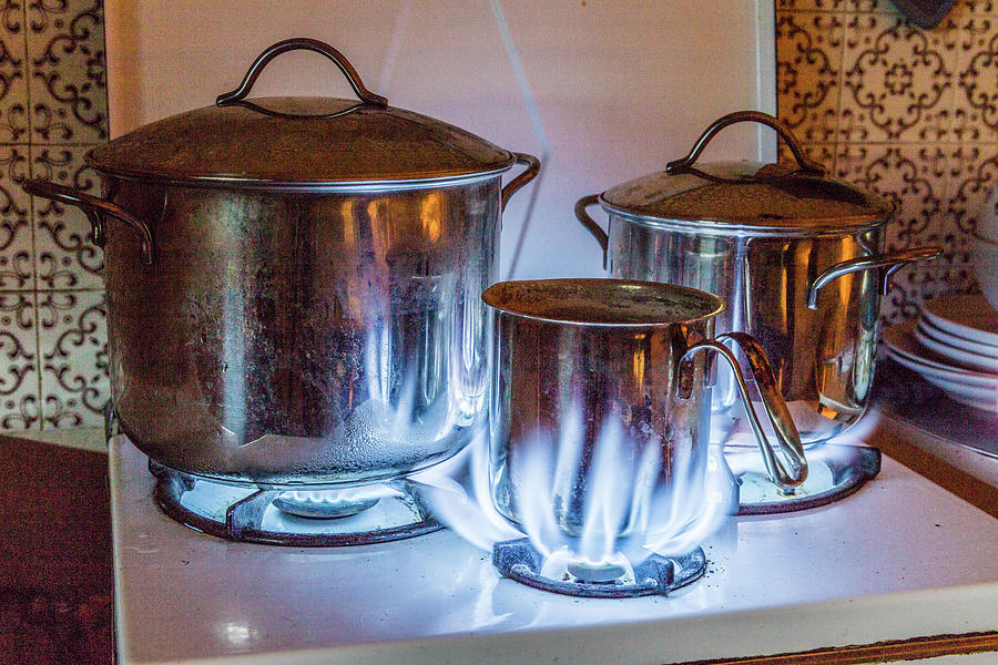Old Gas Stove With Three Pots On Fires Photograph by Vivida Photo PC
