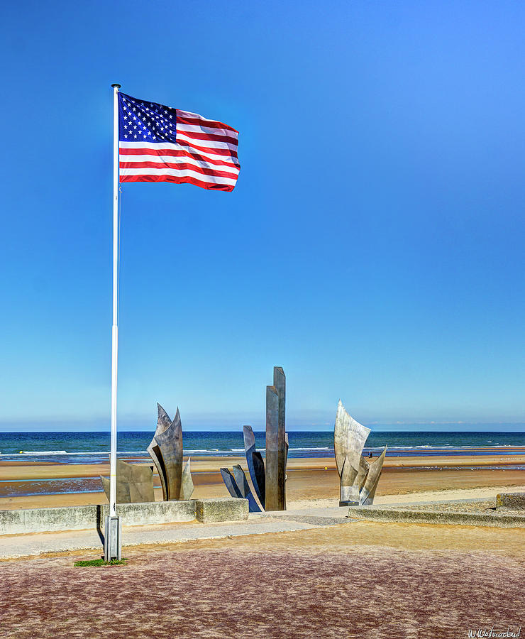 Old Glory and Les Braves Omaha Beach - Wide version Photograph by Weston Westmoreland