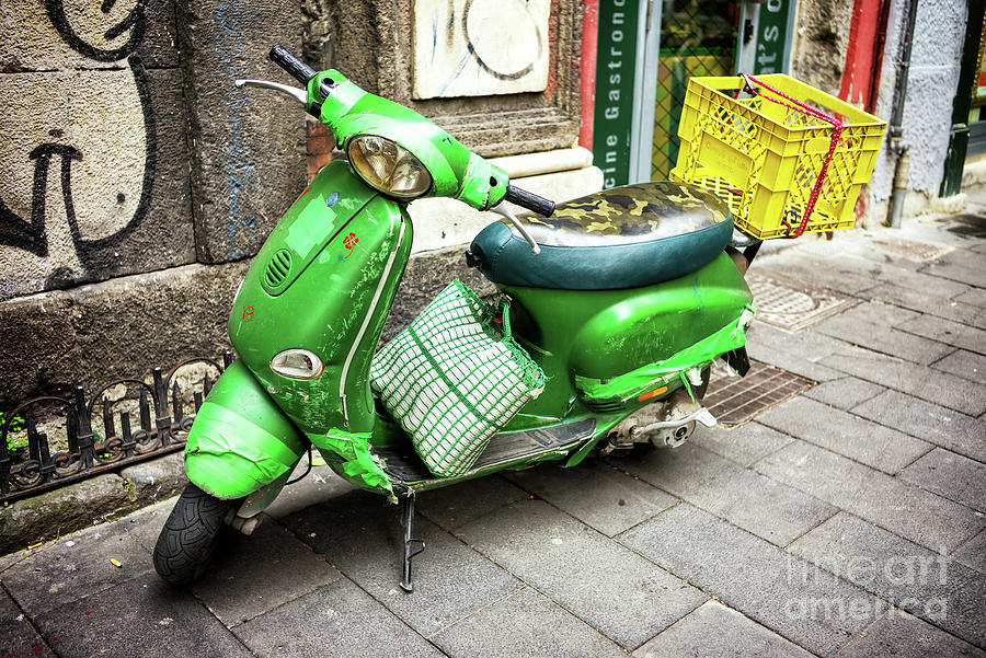 Transportation Photograph - Old Green Scooter in Naples by John Rizzuto