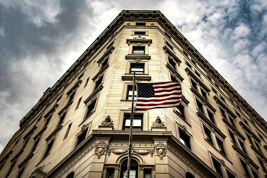 Old Historic Building In Downtown Boston With The American Flag During Sunset Photograph