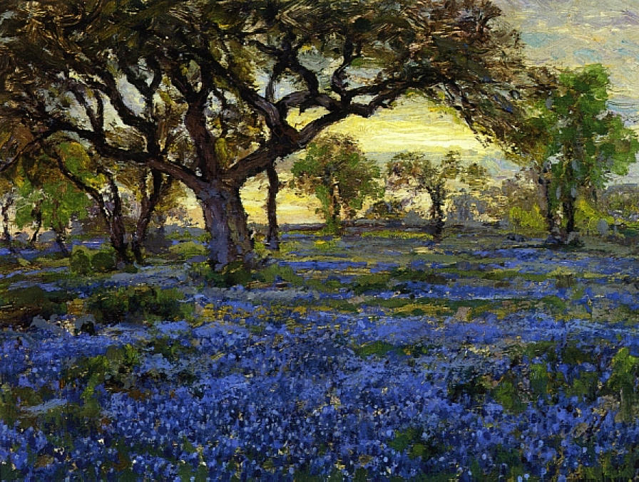 Old Live Oak Tree and Bluebonnets on the West Texas Military Grounds, San Antonio, 1919-20 Painting by Julian Onderdonk