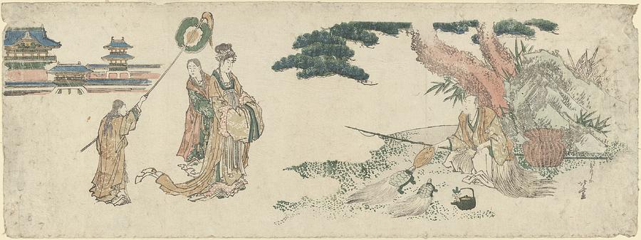 Architecture Painting - Old Man Feeding The Turtles; Princes And Attendants by Katsushika Hokusai