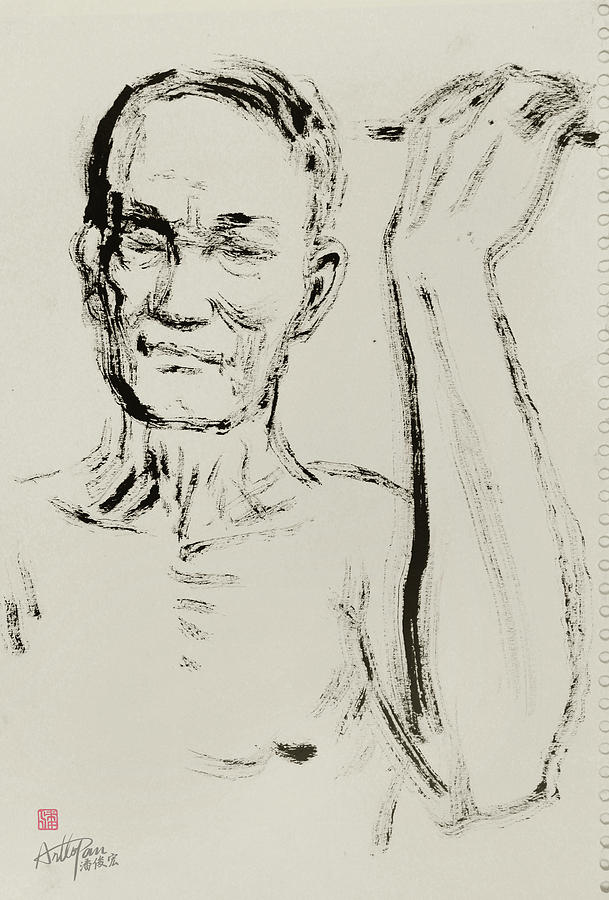 Old man with wall-ArtToPan drawing- character freehand brush sketch Painting by Artto Pan