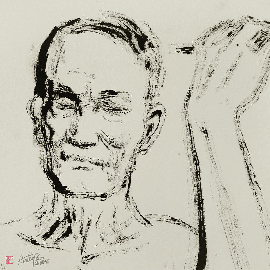 Old man with wall-part-ArtToPan drawing- character freehand brush sketch Painting by Artto Pan