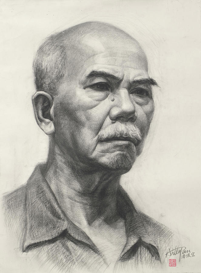 Old mans head portrait-ArtToPan drawing-portrait realistic carbon pencil sketch Painting by Artto Pan