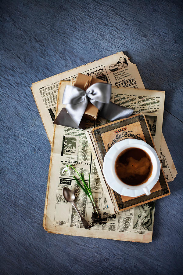 Old Newspaper, Gift, Book, Cup Of Coffee And Flower Photograph by Alicja Koll