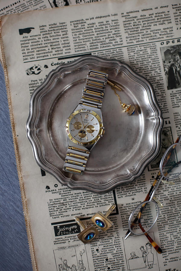 Old Newspaper, Vintage Pewter Plate, Wristwatch, Jewellery And Spectacles Photograph by Alicja Koll