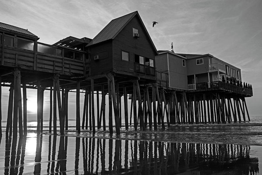 Old Orchard Beach Maine Sunrise at the Pier Black and White Photograph by Toby McGuire