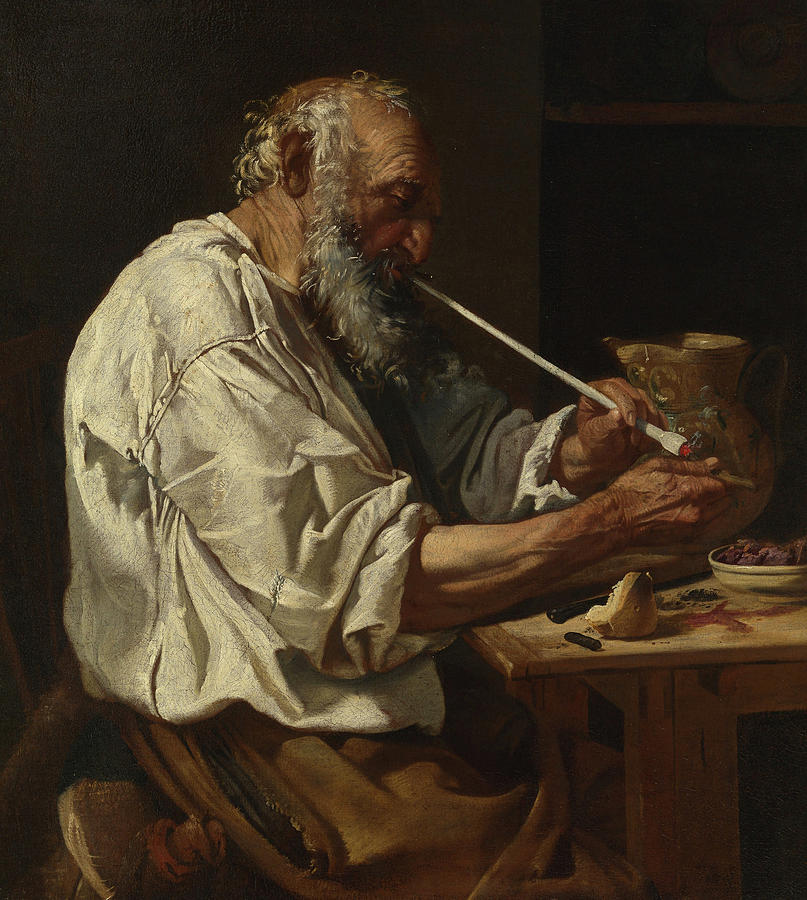 Pipe Smoking Painting - Old Peasant Lighting A Pipe by Mountain Dreams