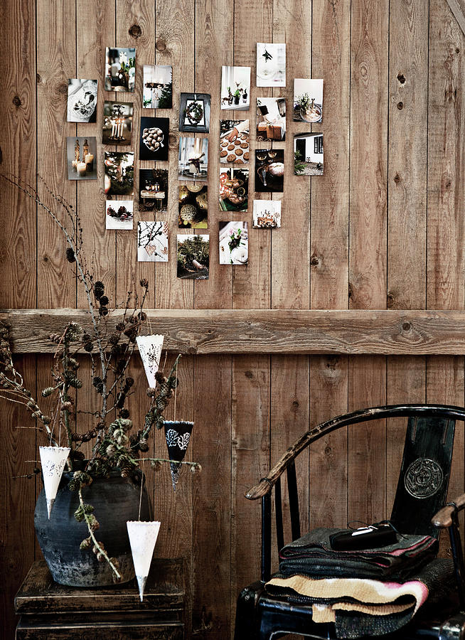 Old Photos Arranged In Love-heart On Rustic Board Wall Above Chair And Side Table Photograph by Lykke Foged & Morten Holtum
