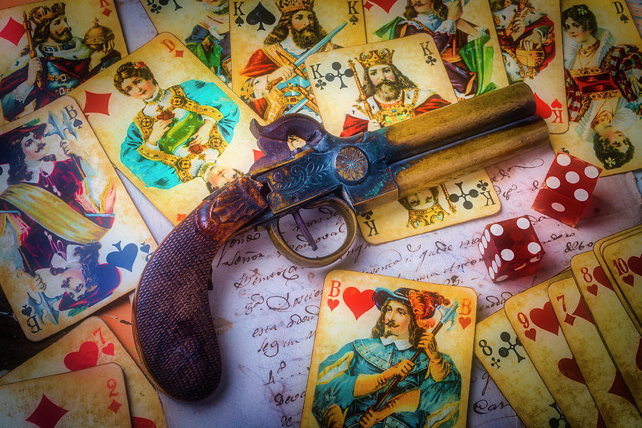Old Pistole And Playing Cards Photograph by Garry Gay
