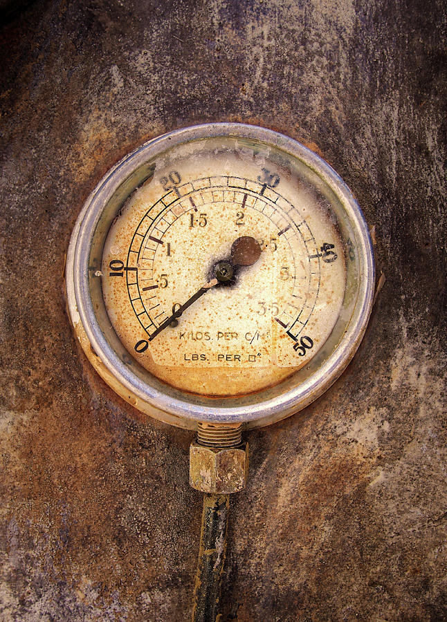 Old Rusty Round Industrial Pressure Gauge With Numbers Round The Photograph