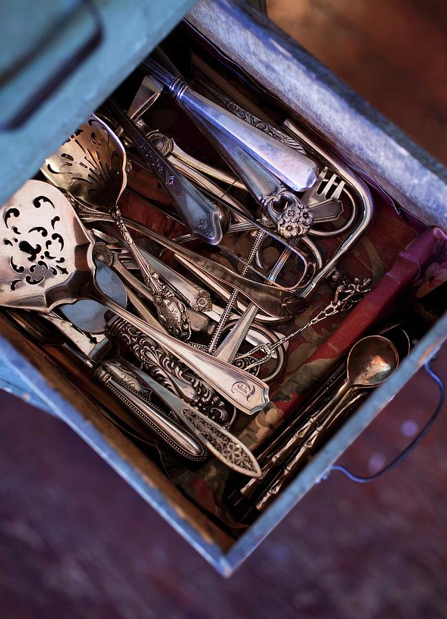 Old Silver Cutlery In Drawer Photograph by Katharine Pollak