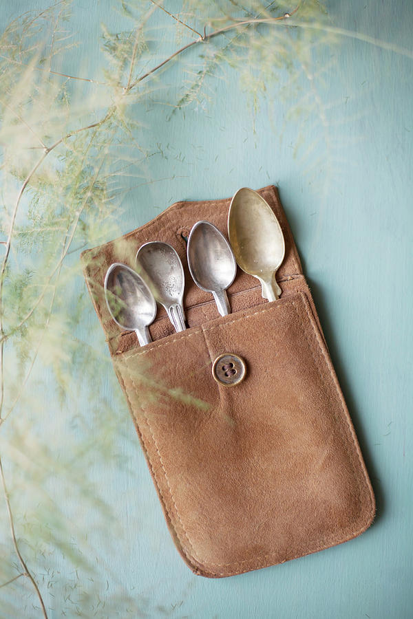 Old Silver Spoons In Leather Case Photograph by Alicja Koll