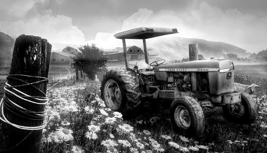 Old Tractor in the Fields Black and White Photograph by Debra and Dave Vanderlaan