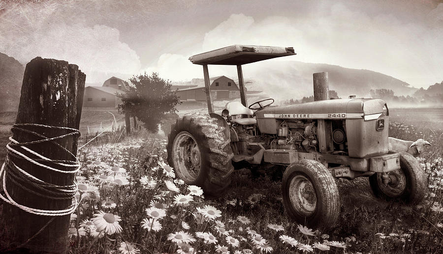 Old Tractor in the Fields in Sepia Photograph by Debra and Dave Vanderlaan