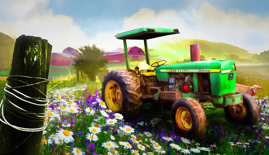 Old Tractor in the Fields Painting Photograph by Debra and Dave Vanderlaan