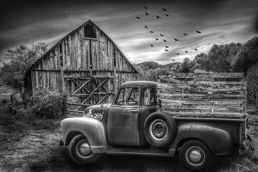 Old Truck at the Barn Black and White Photograph by Debra and Dave Vanderlaan