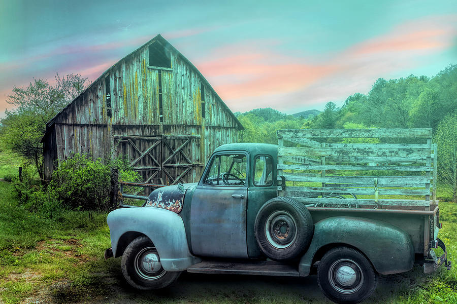 Old Truck at the Barn on a Misty Morning Photograph by Debra and Dave Vanderlaan
