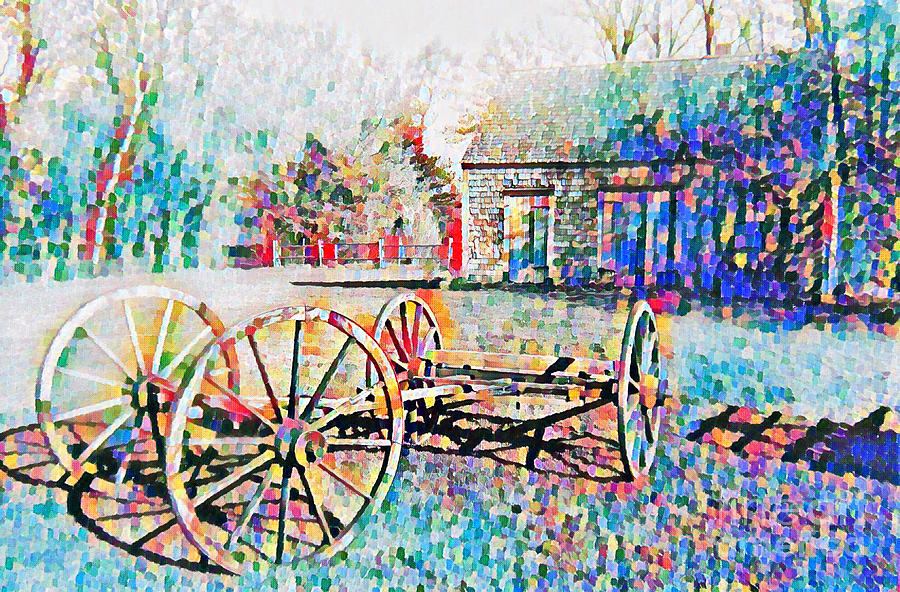 Vintage Painting - Old Wagon Chassis With Barn in the Background by John Malone
