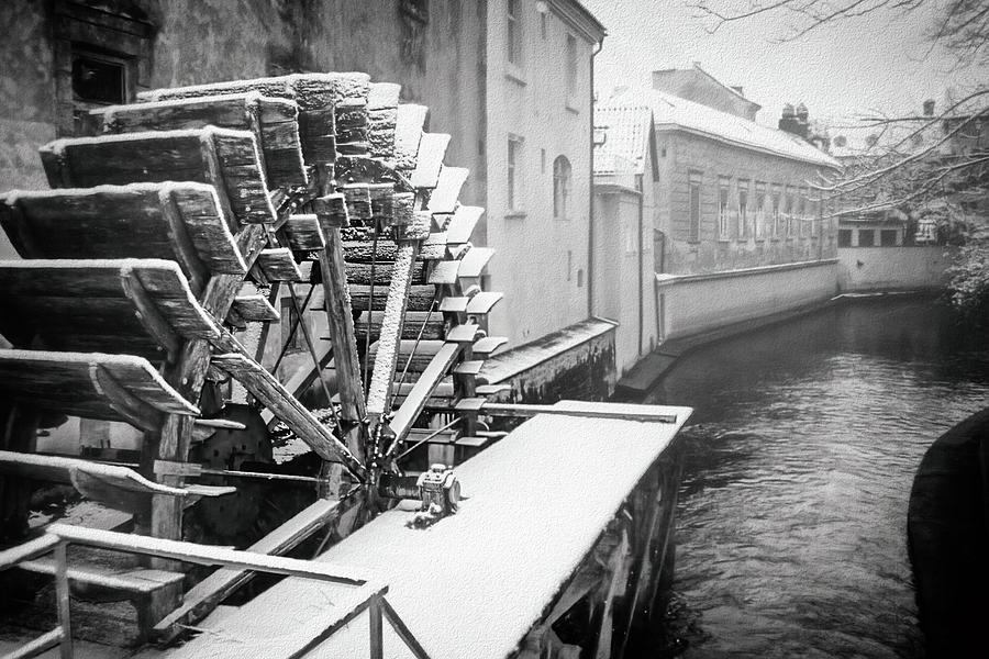 Old Water Wheel Certovka Canal Prague Black And White Photograph