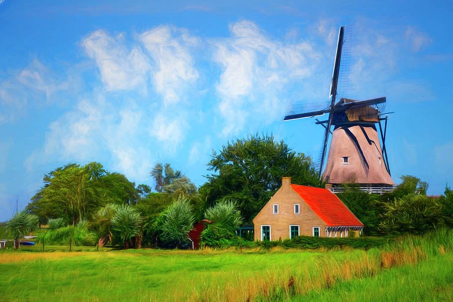Old Windmill on a Dutch Farm Painting Photograph by Debra and Dave Vanderlaan