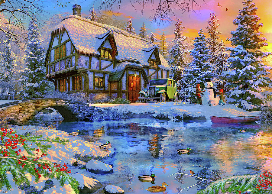 Old Winter Cottage Painting by MGL Meiklejohn Graphics Licensing