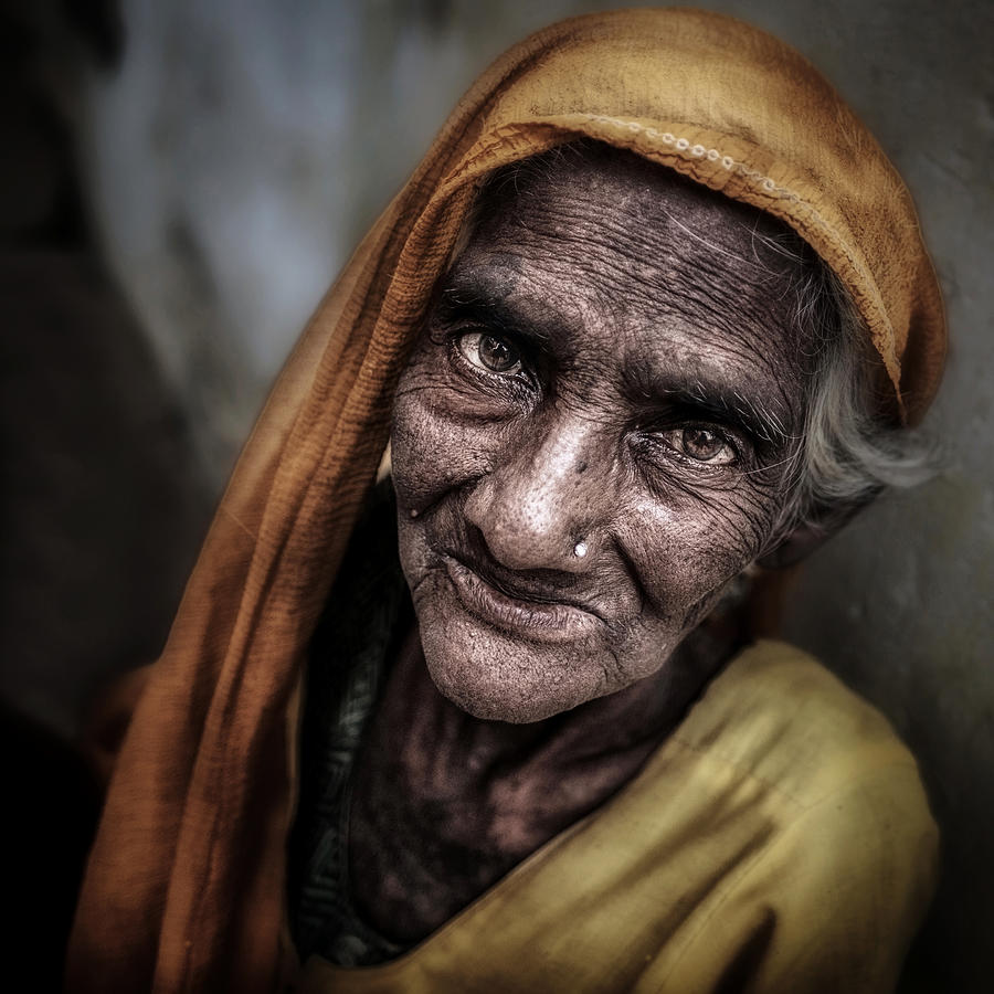 Portrait Photograph - Old Woman Portrait, Varanasi. by Massimo Cuomo