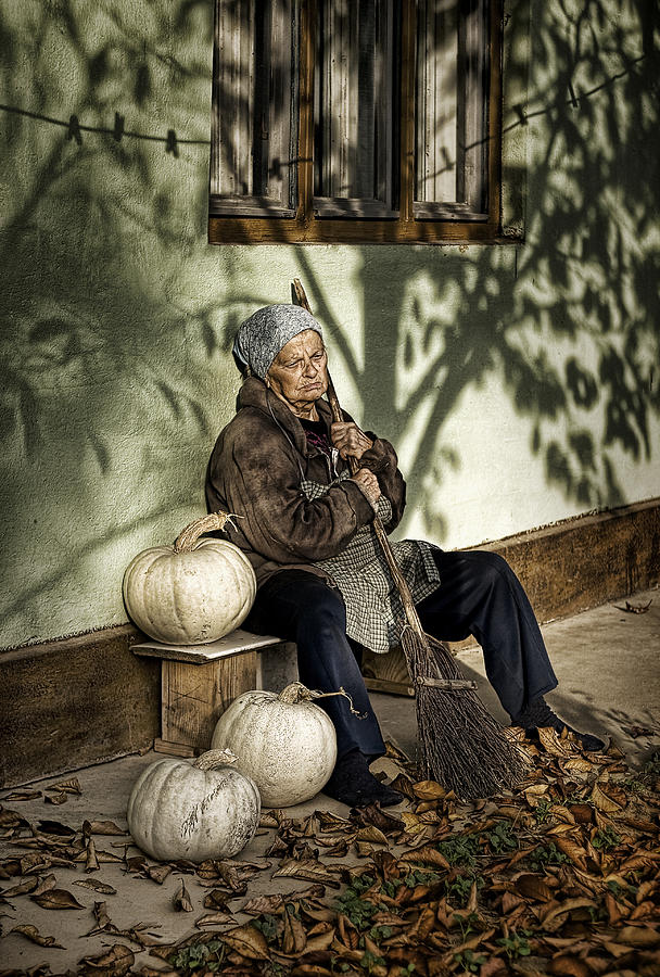 Tree Photograph - Old Woman With Pumpkins by George