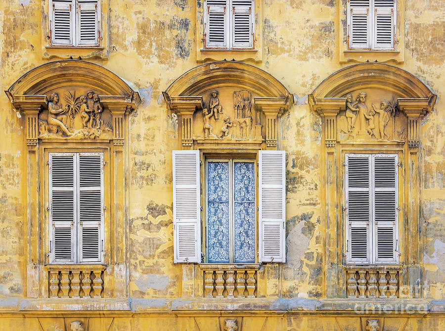 Old Yellow Building With Lace Curtain in Nice, France 2 Photograph by Liesl Walsh
