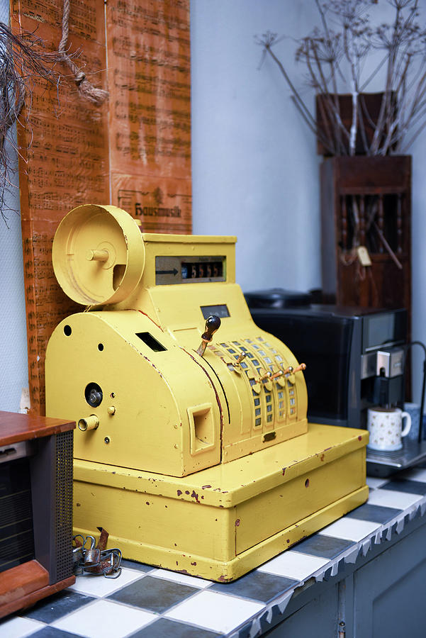 Old, Yellow, Metal Cash Register Used As Vintage Decoration Photograph by Loving Brocante