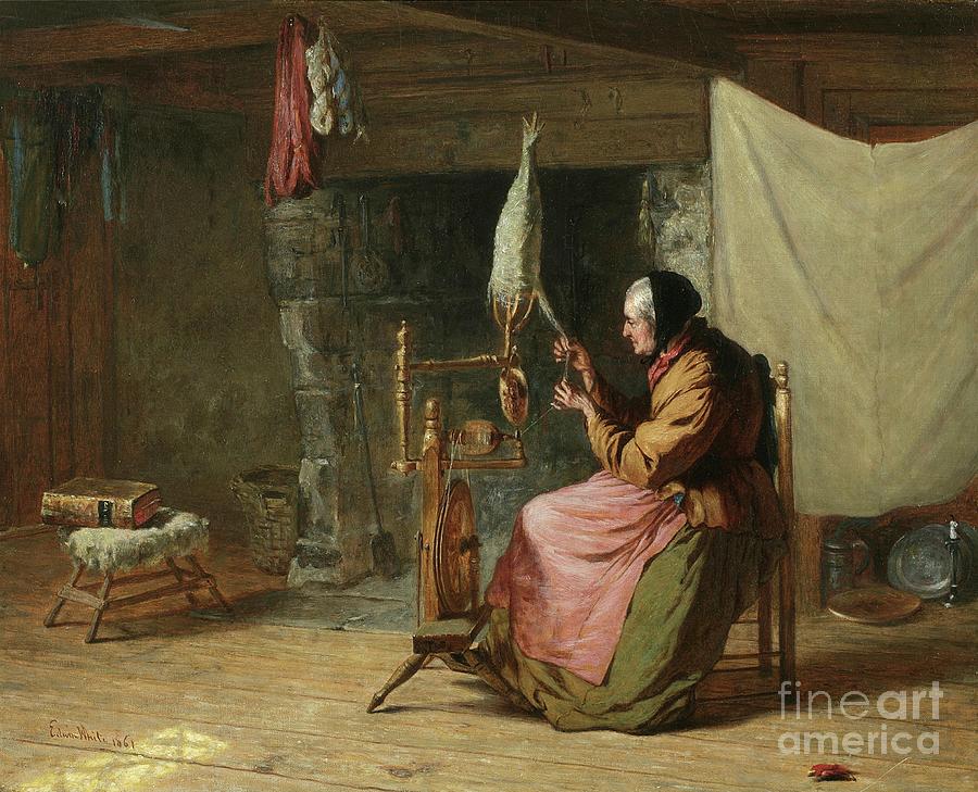 Cottage Painting - Olden Times - Also Known As Spinning Flax, Olden Times, 1861 by Edwin White