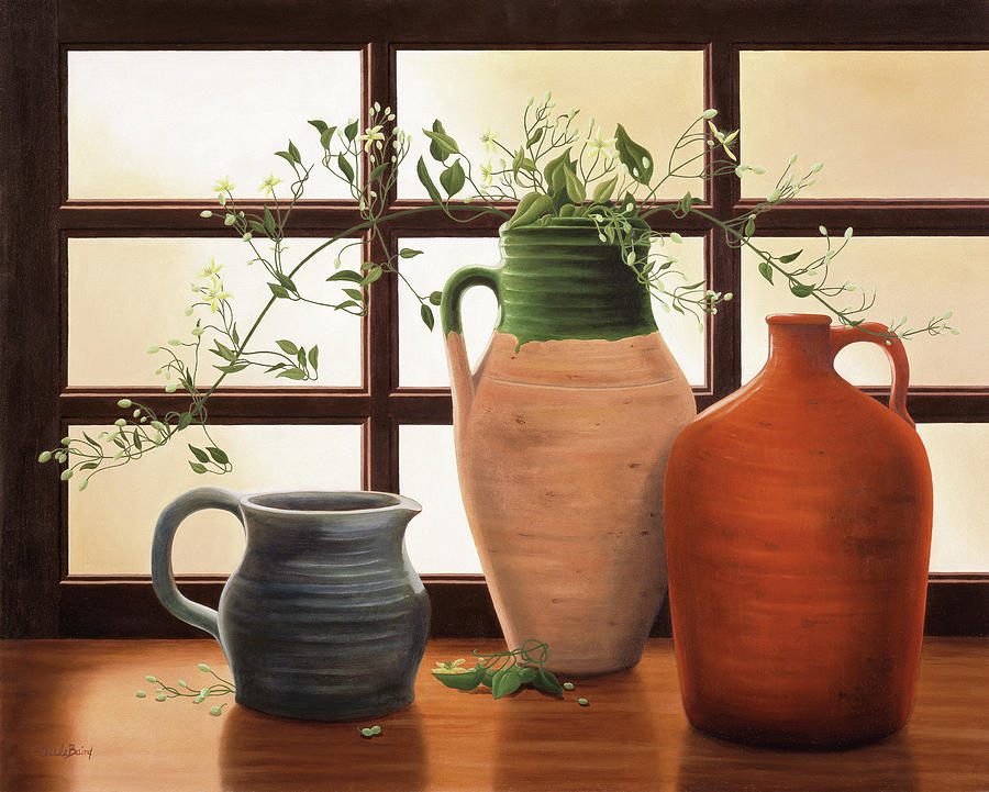 Pitcher Painting - Olive Jar With Flowering Vine by Cecile Baird