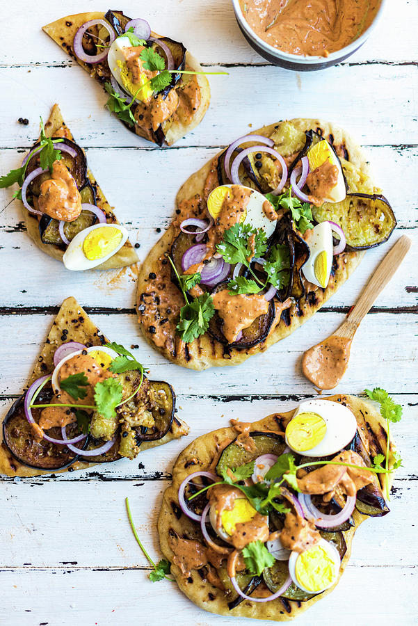 Olive Oil Flatbreads With Boiled Egg And Roasted Aubergine Photograph by Hein Van Tonder