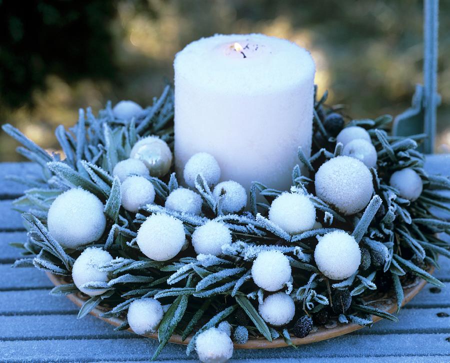 Olive Wreath With White Baubles And Candle Photograph by Friedrich Strauss