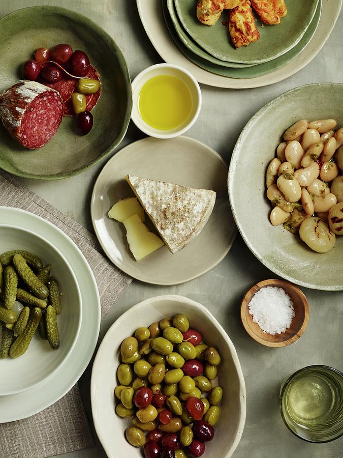 Olives, Gherkins, Marinated Beans, Salami And Cheese Photograph by Jim Franco Photography