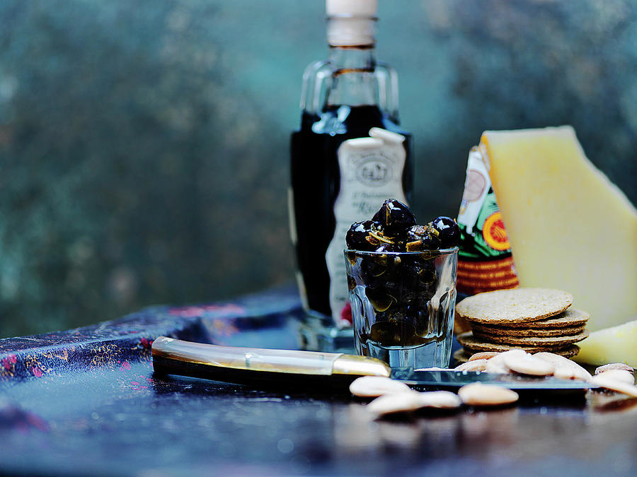 Olives, Nuts, Cheese And Balsamic Photograph by Karen Thomas
