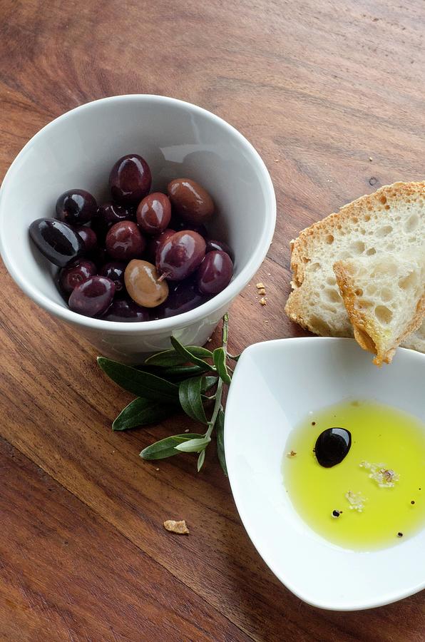 Olives, White Bread, And Olive Oil With Balsamic Vinegar Photograph by Aic Arquivo International De Cor / Galrito, Bruno