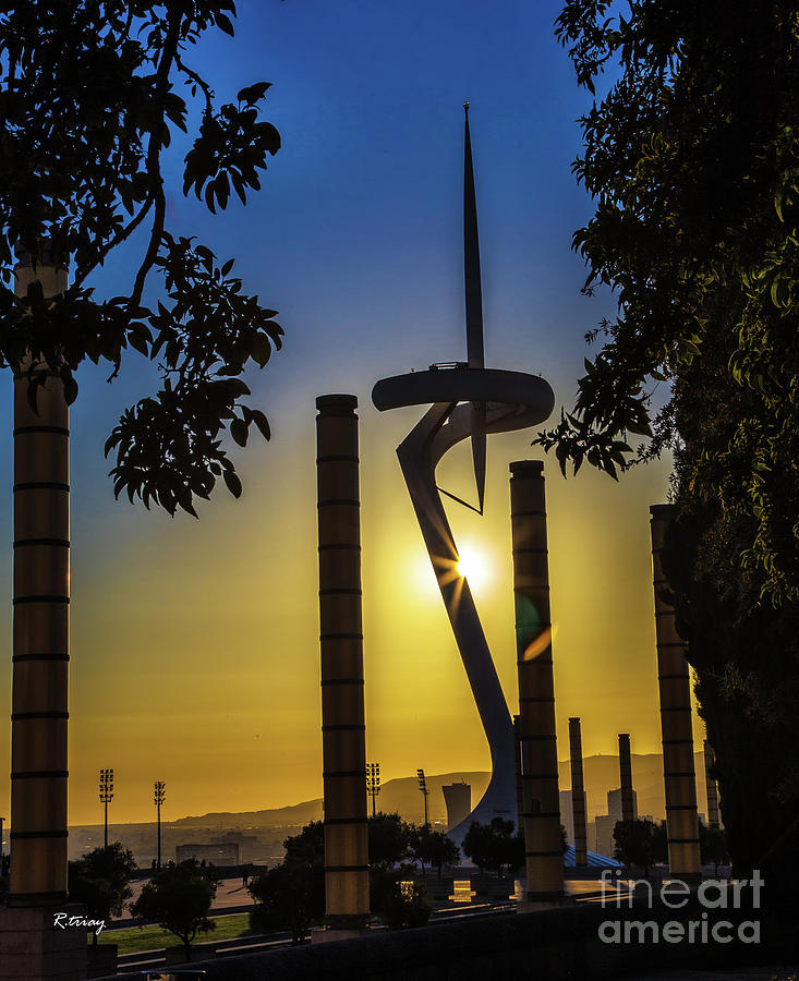 Sunset Photograph - Olympic Stadium Torch Tower Barcelona by Rene Triay FineArt Photos