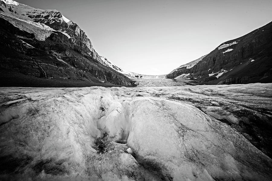 On Athabasca Glacier at Glacier National Park Columbia-Shuswap A, BC, Canada Icy Black and White Photograph by Toby McGuire