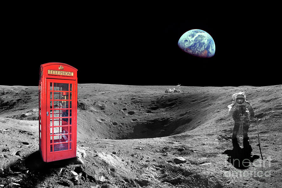 London Digital Art - Phone box on the moon by Delphimages Photo Creations