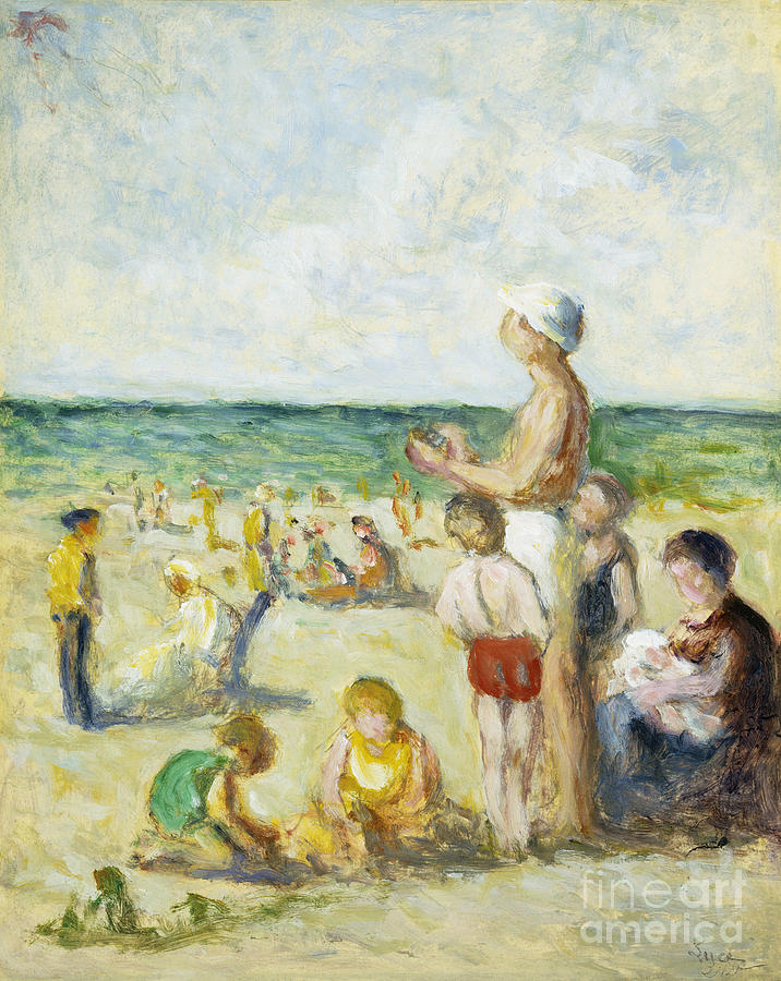 On The Beach In Normandy; Sur La Plage En Normandie, C.1930 Painting by Maximilien Luce