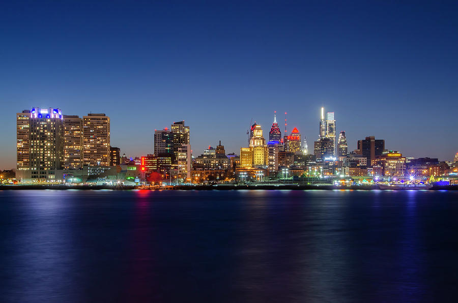 On the Delaware River - Philadelphia at Night Photograph by Bill Cannon