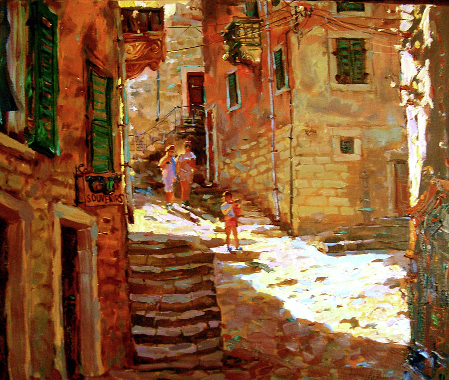 Architecture Painting - On the streets of old Kotor by Andrey Mishagin