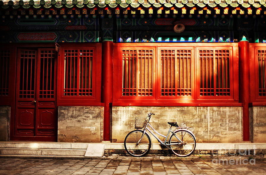 Door Photograph - One Bicycle In Front Of Oriental Red by N K Door Photograph - One Bicycle In Front Of Oriental Red by N K