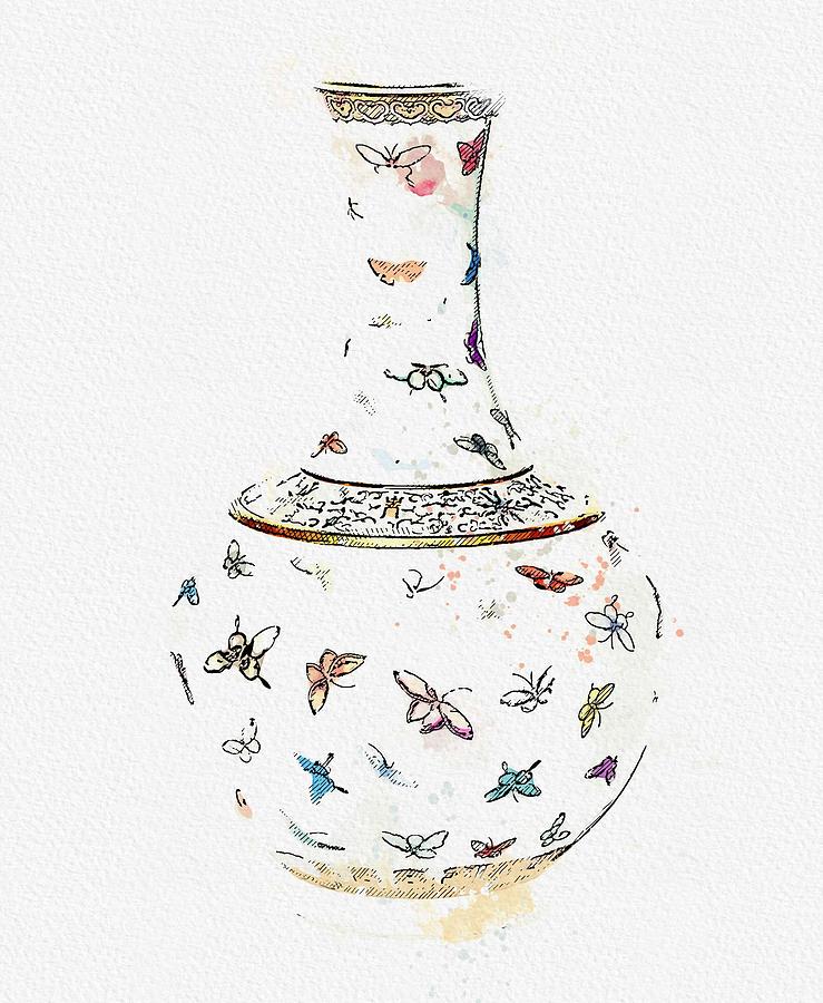 Bowl Painting - ONE HUNDRED BUTTERFLIES VASE, IRON-RED watercolor by Ahmet Asar by Celestial Images